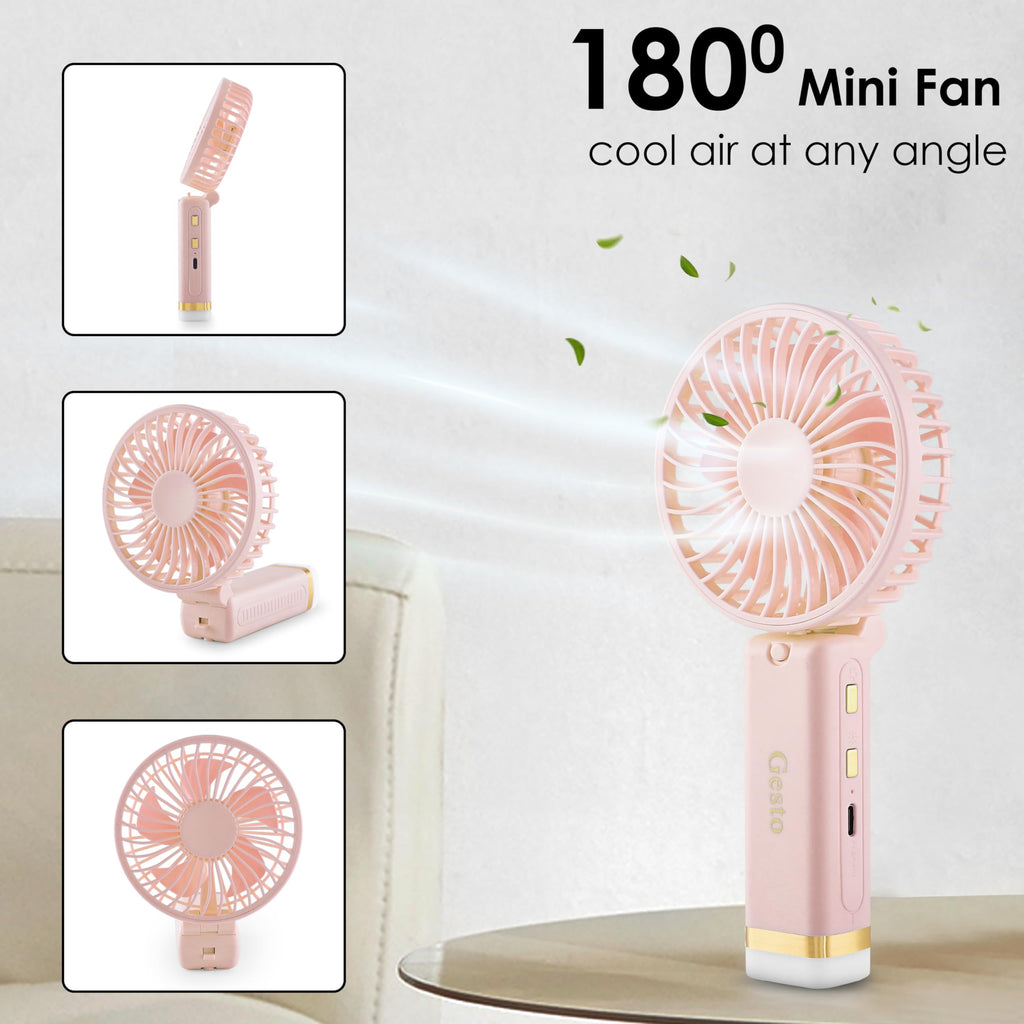 Gesto Portable Fan Rechargeable with LED Light – Foldable Mini Fan, Small Fan,USB Charging Hand Fan with 1200mAh Battery & 3 Speed Modes | Travel, Makeup, Kitchen,Women’s Personal Pankhaa - Green