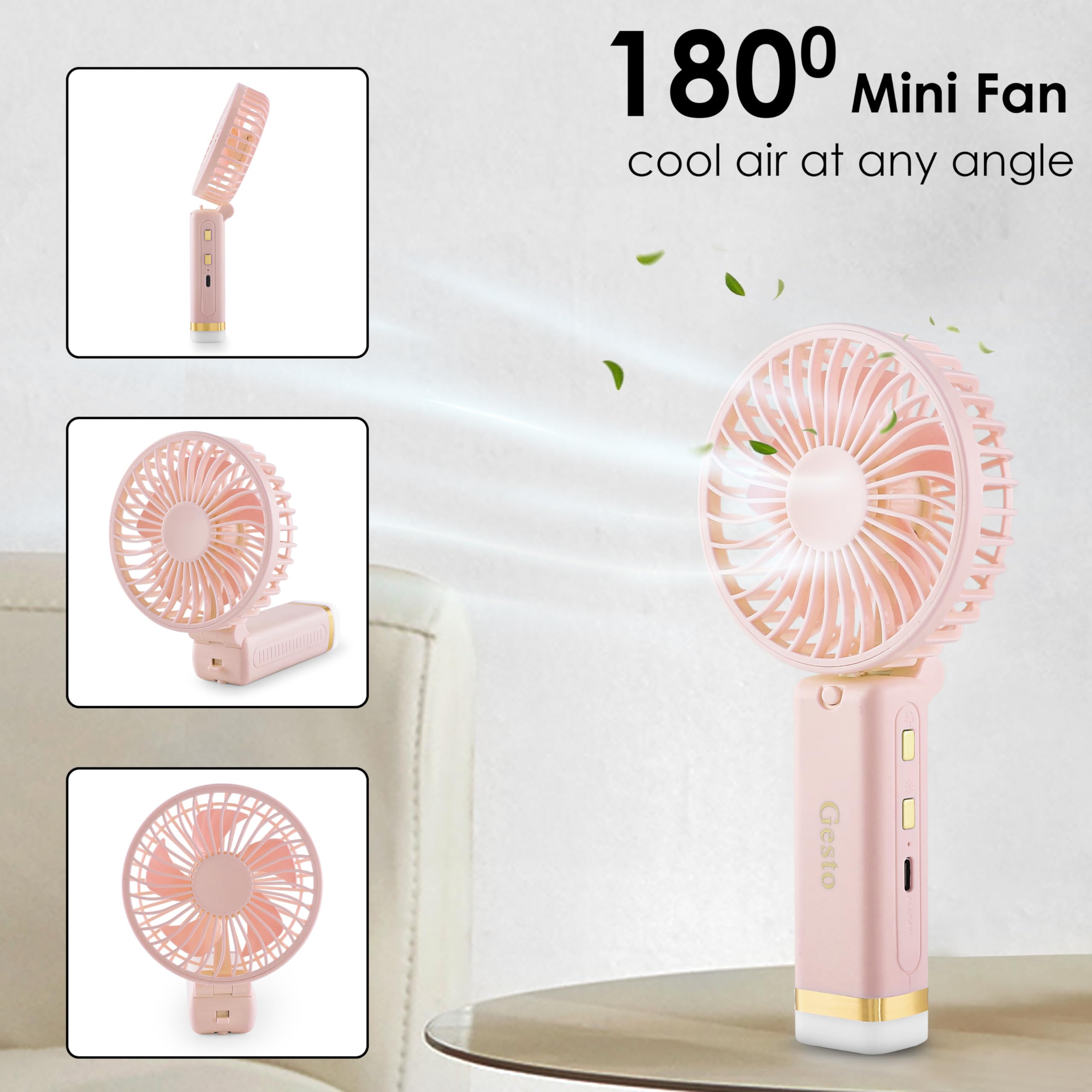 Gesto Portable Fan Rechargeable with LED Light – Foldable Mini Fan, Small Fan,USB Charging Hand Fan with 1200mAh Battery & 3 Speed Modes | Travel, Makeup, Kitchen,Women’s Personal Pankhaa - Green