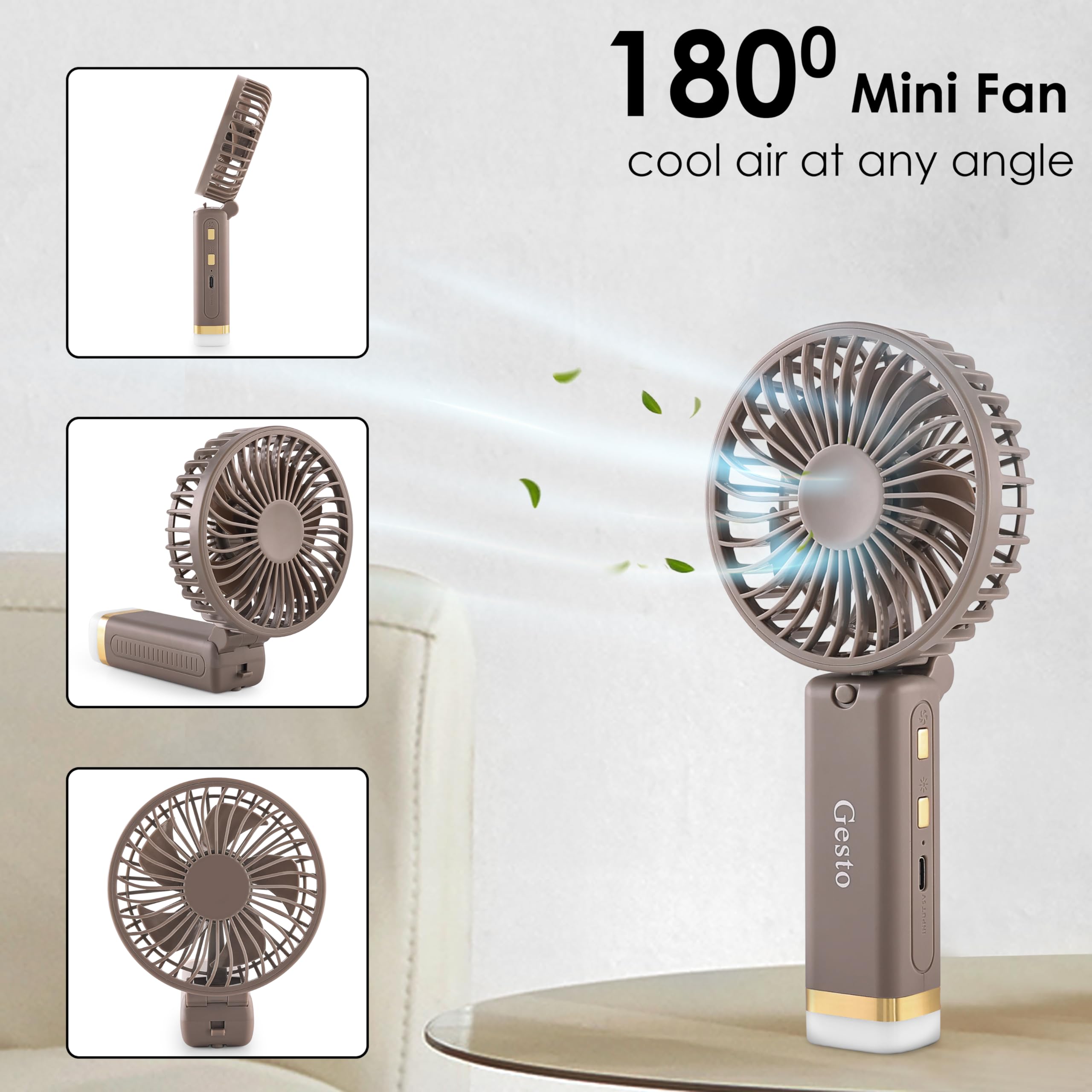 Gesto Portable Fan Rechargeable with LED Light – Foldable Mini Fan, Small Fan,USB Charging Hand Fan with 1200mAh Battery & 3 Speed Modes | Travel, Makeup, Kitchen,Women’s Personal Pankhaa - Green