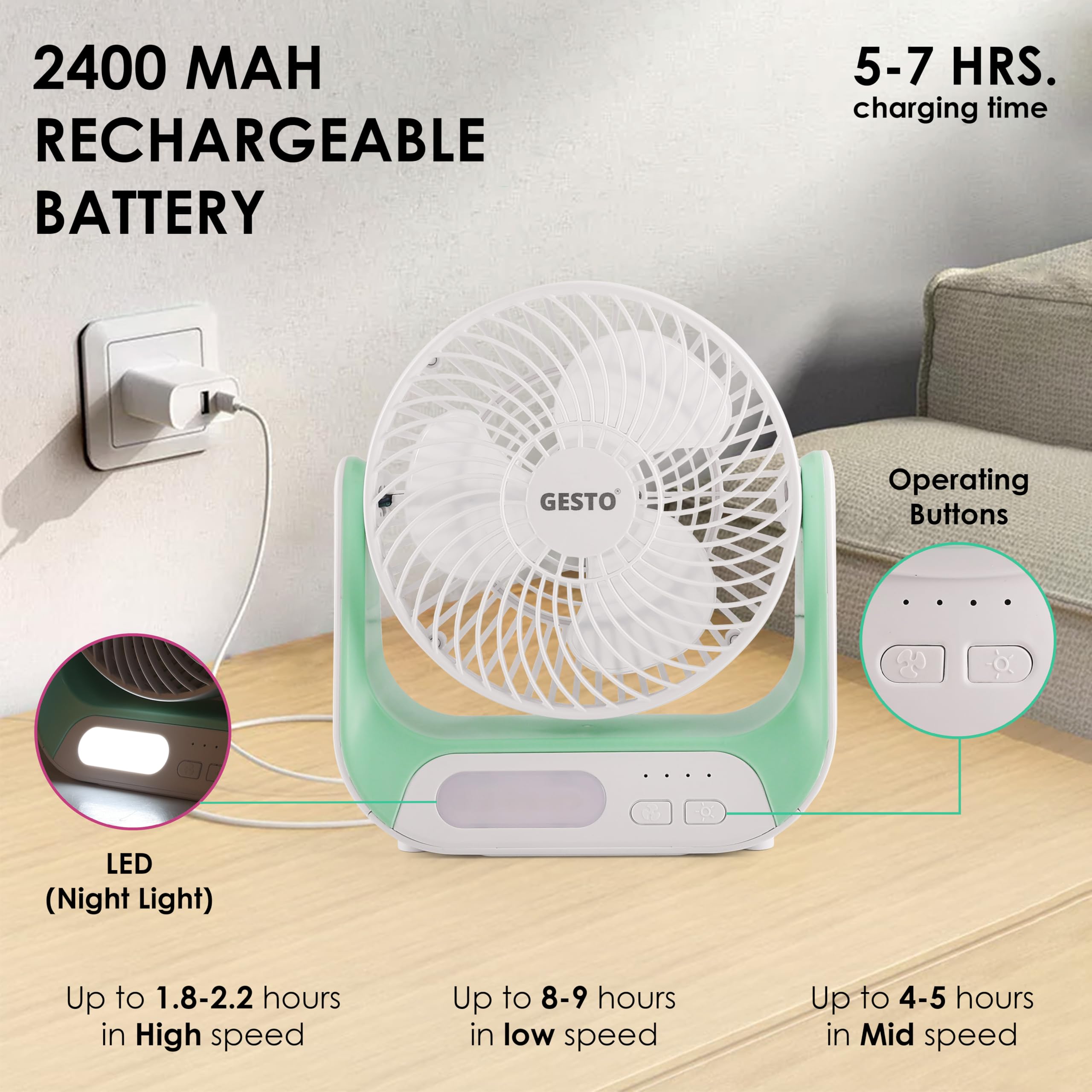 Gesto 7.4 Inch High Speed Rechargeable Table Fan for Home – USB Charging Battery Fan With Led Light | 2400mAh Battery, Upto 8 Hours Runtime | 3 Speed Modes Portable fan for Home, Office,Kitchen-Grey