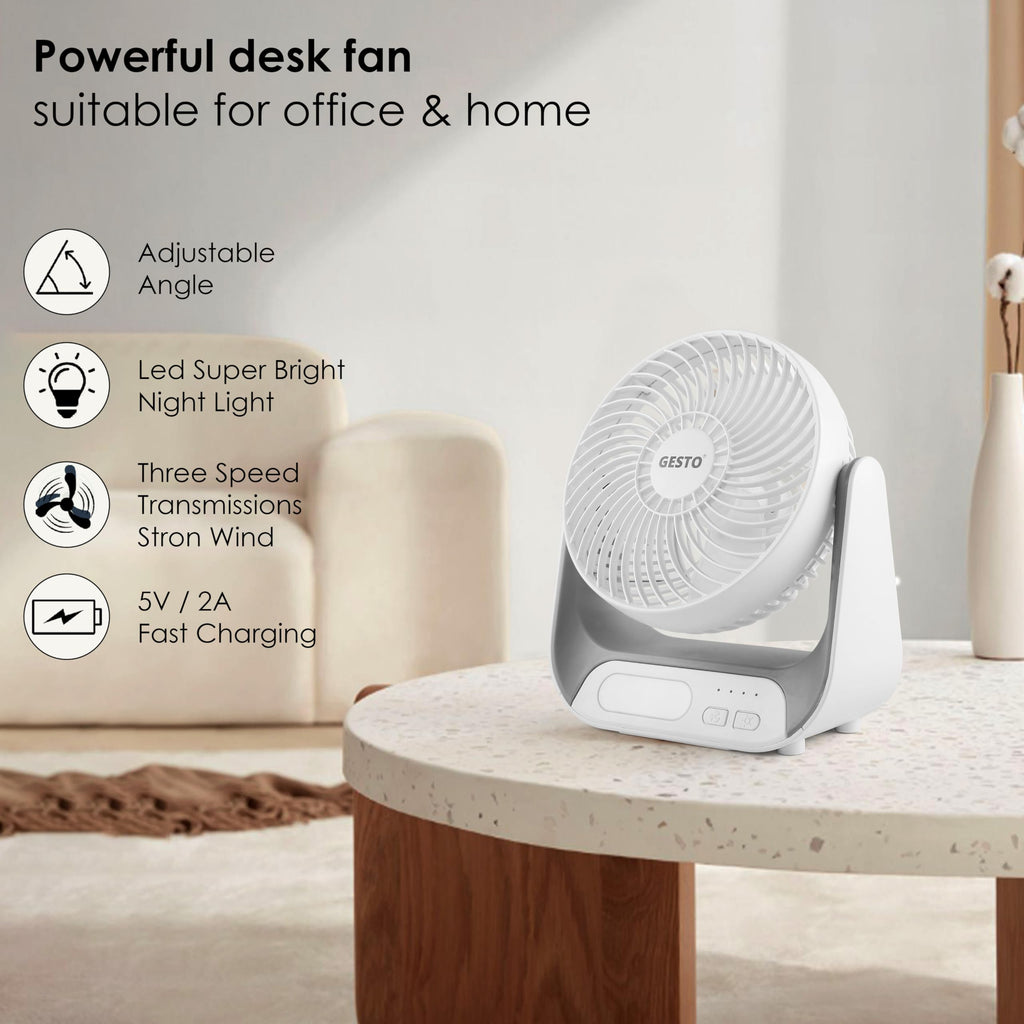 Gesto 7.4 Inch High Speed Rechargeable Table Fan for Home – USB Charging Battery Fan With Led Light | 2400mAh Battery, Upto 8 Hours Runtime | 3 Speed Modes Portable fan for Home, Office,Kitchen-Grey