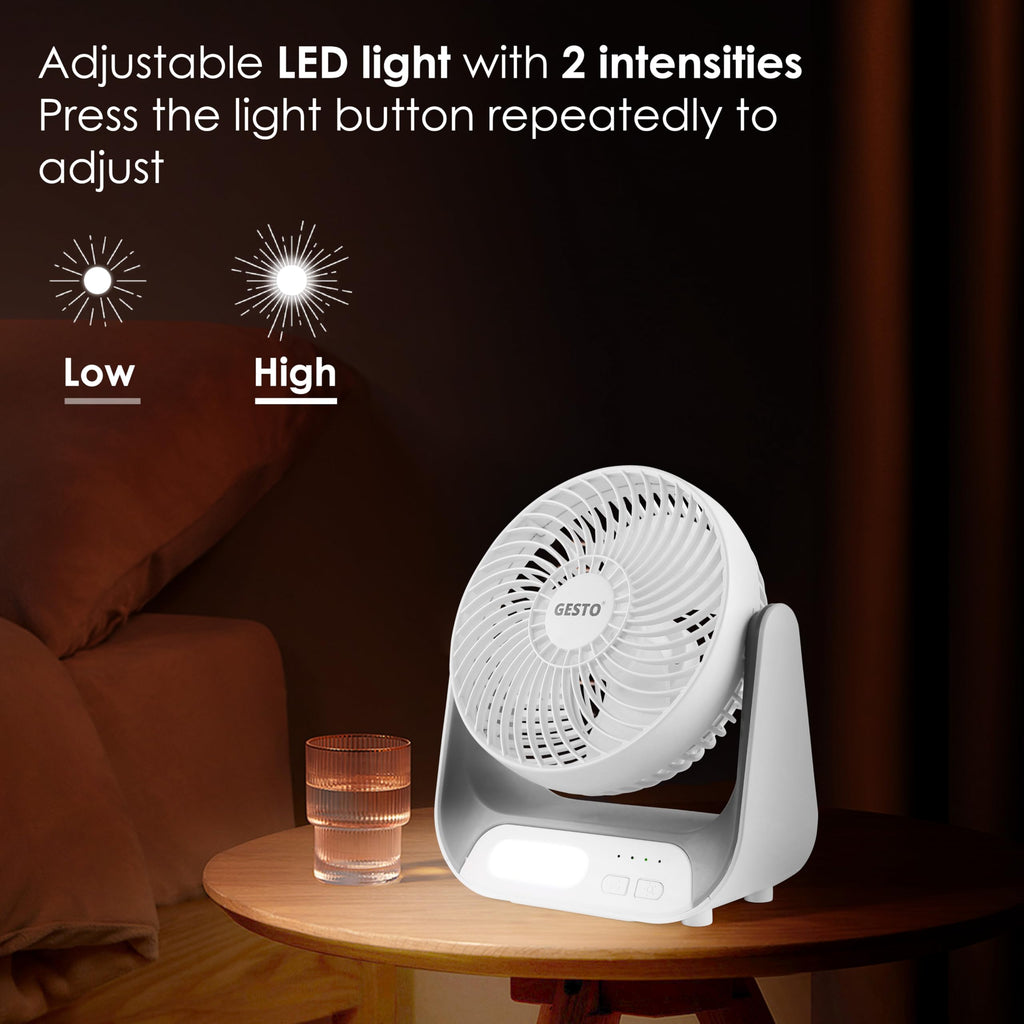 Gesto 7.4 Inch High Speed Rechargeable Table Fan for Home – USB Charging Battery Fan With Led Light | 2400mAh Battery, Upto 8 Hours Runtime | 3 Speed Modes Portable fan for Home, Office,Kitchen-Grey