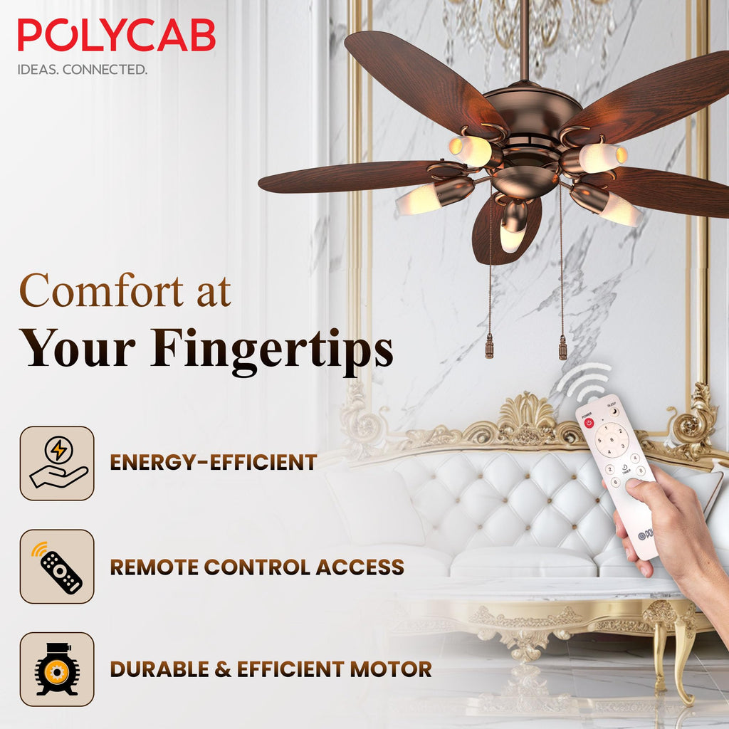 Polycab Superia SP02 Star Rated Premium BLDC 1200mm Ceiling Fan for home with Remote | Energy Saving, Clip-On Underlights, 100% Copper | 2-yr Warranty【Copper Rosewood】