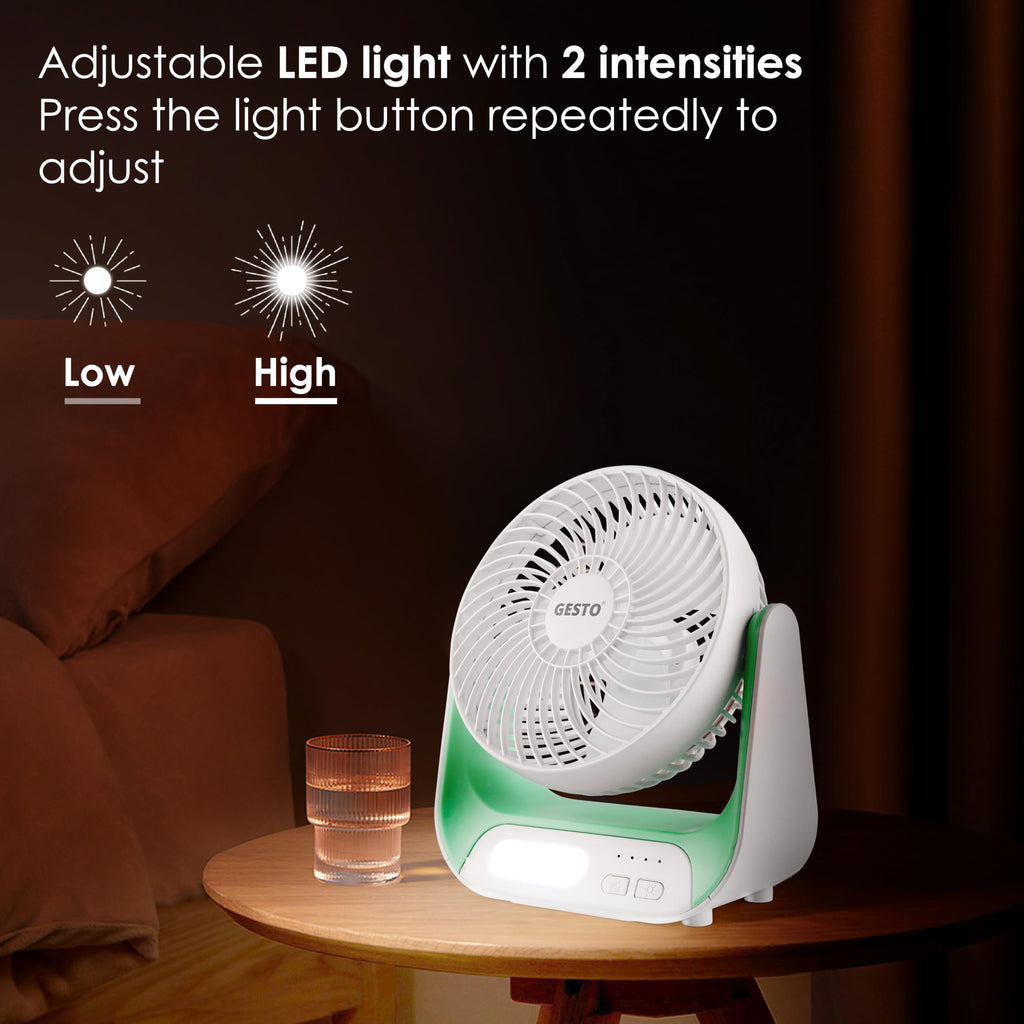 Gesto 7.4 Inch High Speed Rechargeable Table Fan for Home – USB Charging Battery Fan With Led Light | 2400mAh Battery, Upto 8 Hours Runtime | 3 Speed Modes Portable fan for Home, Office,Kitchen-Grey