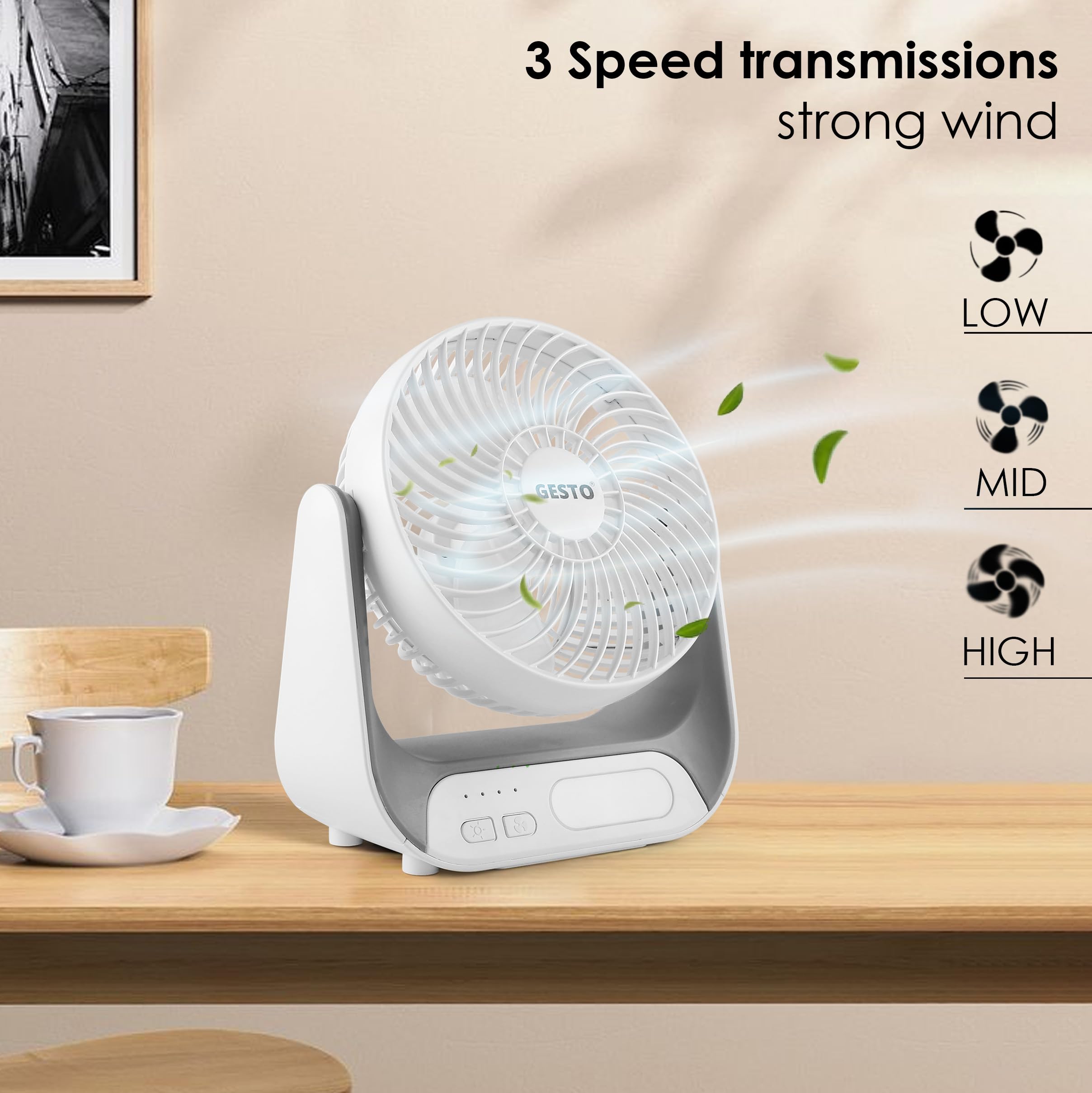 Gesto 7.4 Inch High Speed Rechargeable Table Fan for Home – USB Charging Battery Fan With Led Light | 2400mAh Battery, Upto 8 Hours Runtime | 3 Speed Modes Portable fan for Home, Office,Kitchen-Grey